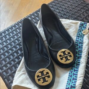 Tory Burch Black Flats with Gold Emblem
